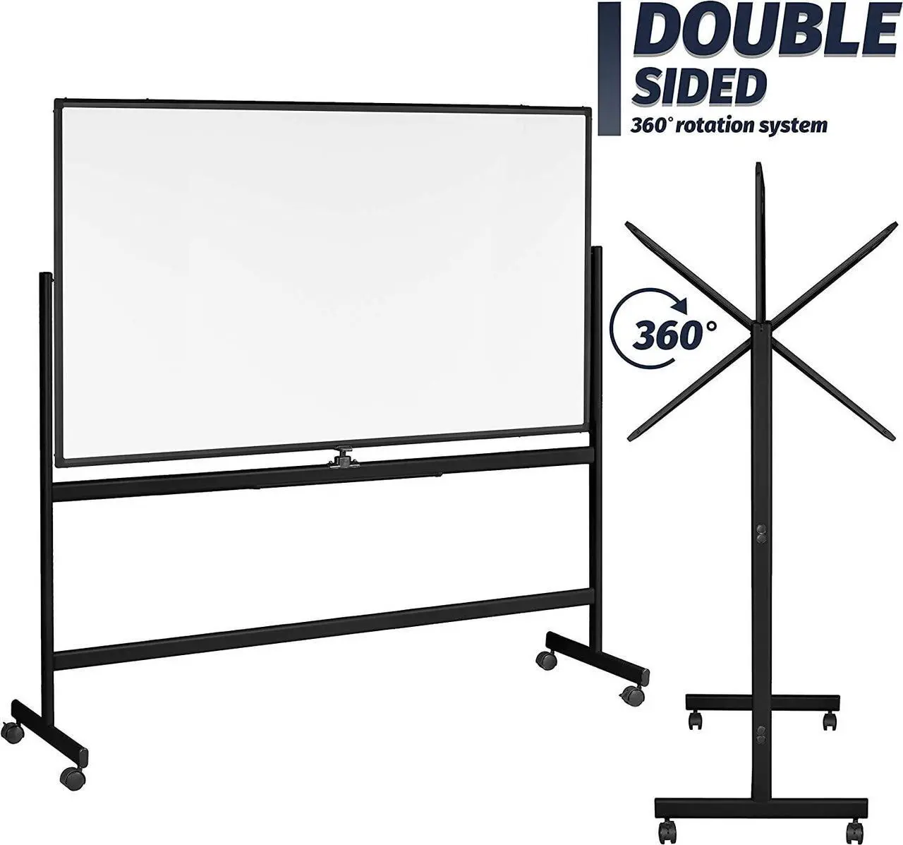 Alt view image 4 of 7 - Mobile Whiteboard 72 x 40, 360° Reversible Double Sided Magnetic Dry Erase Board with Portable Rolling Stand on Wheels, Easel Standing Board with Black Aluminum Frame