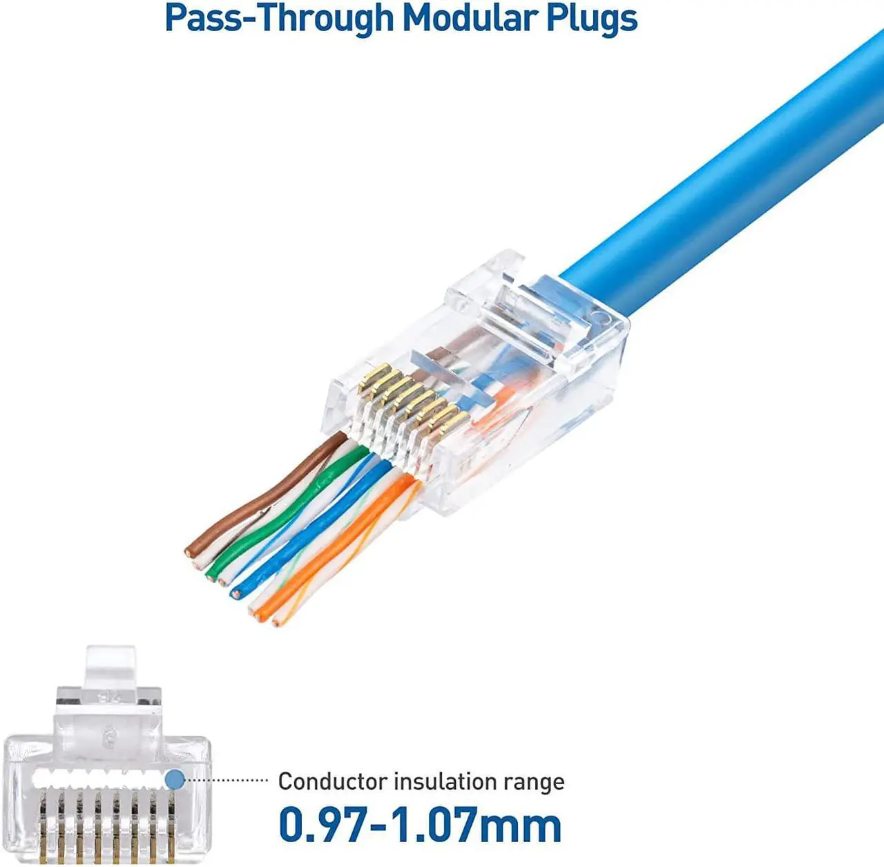 Alt view image 4 of 6 - Cable Matters 100-Pack Cat 6 Pass Through RJ45 Connectors (Cat 6 Ends / Cat6 Connector / RJ45 Modular Plugs/Ethernet Plugs/Network Connector) for Solid or Stranded UTP Ethernet Cable