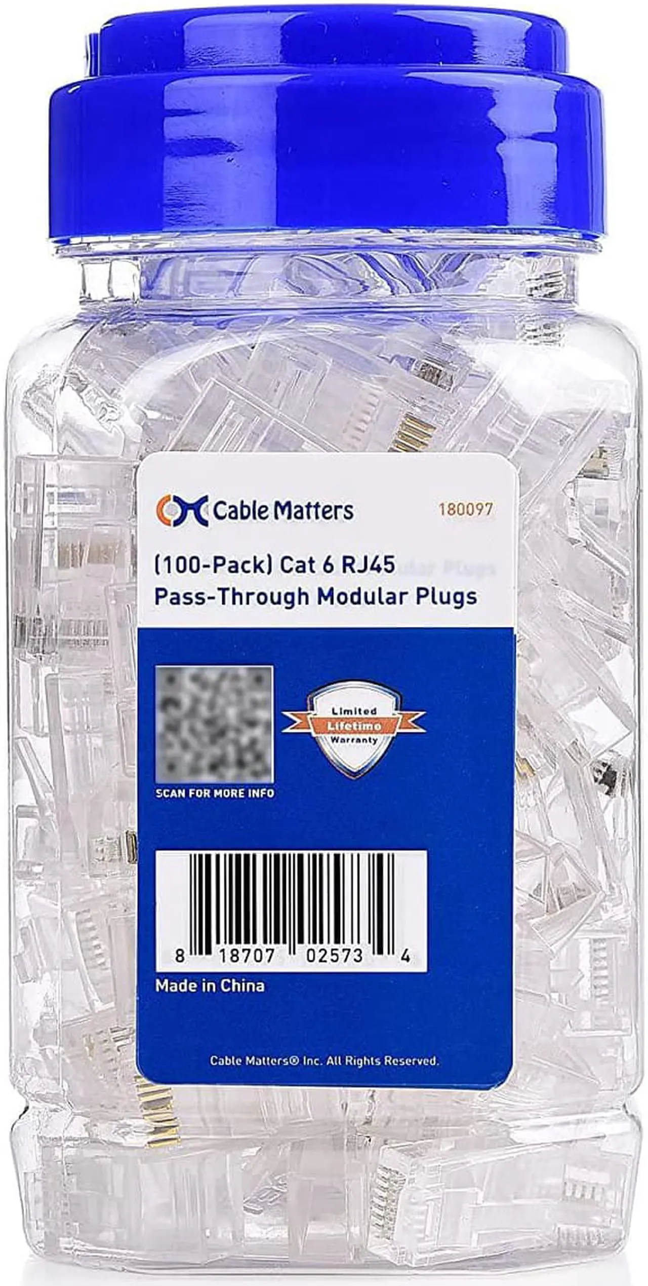 Alt view image 2 of 6 - Cable Matters 100-Pack Cat 6 Pass Through RJ45 Connectors (Cat 6 Ends / Cat6 Connector / RJ45 Modular Plugs/Ethernet Plugs/Network Connector) for Solid or Stranded UTP Ethernet Cable