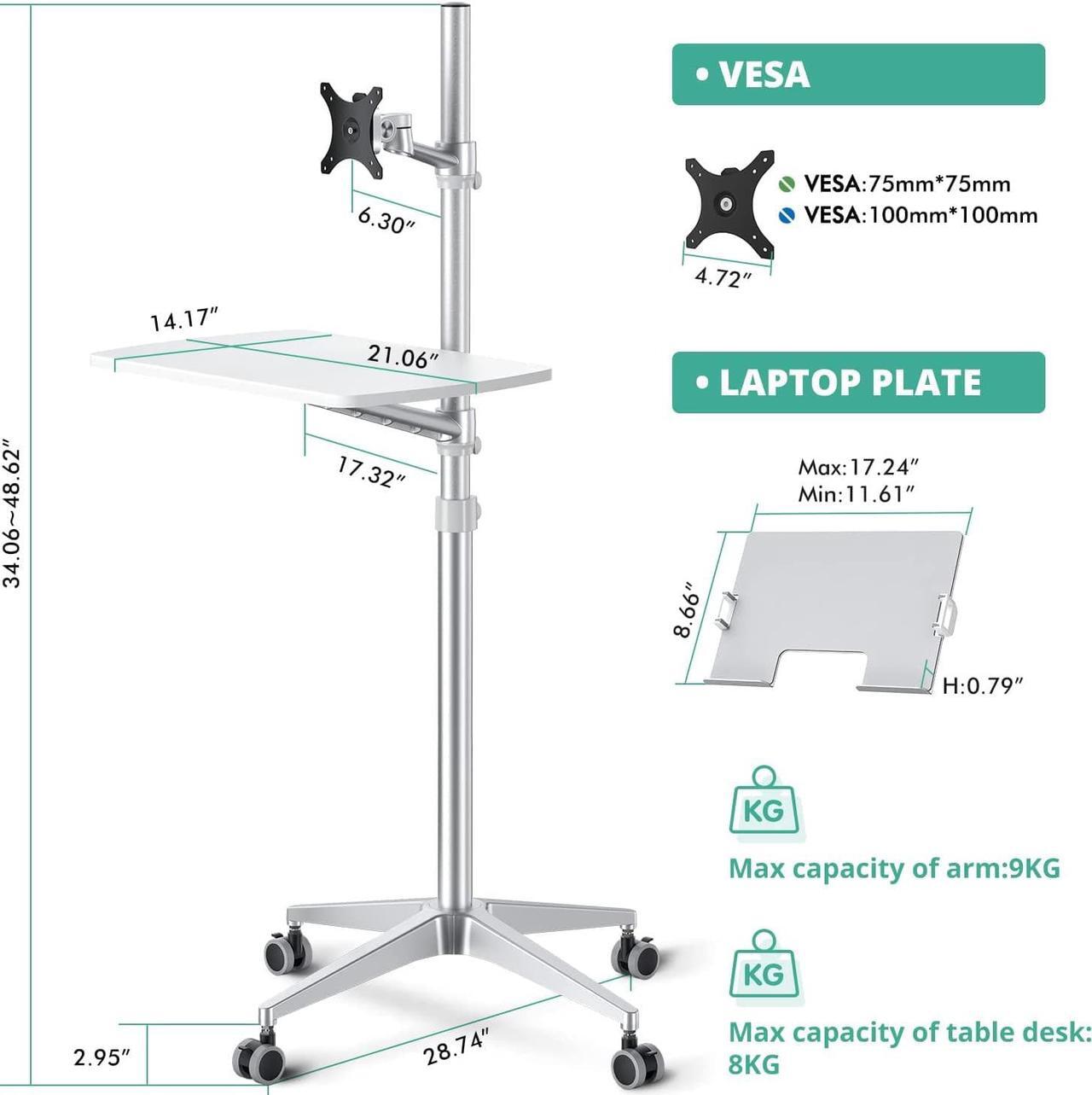 Alt view image 4 of 7 - Mobile Desk,Mobile Workstation,Mulitiuse Rolling Laptop Floor Stand,34"-48.6" Height Adjustable,Compatible with 17"-27"Monitor&12"-17"Laptop,21"×14" Desk Board,Maxload 17.6lbs,4 Lockable Wheels