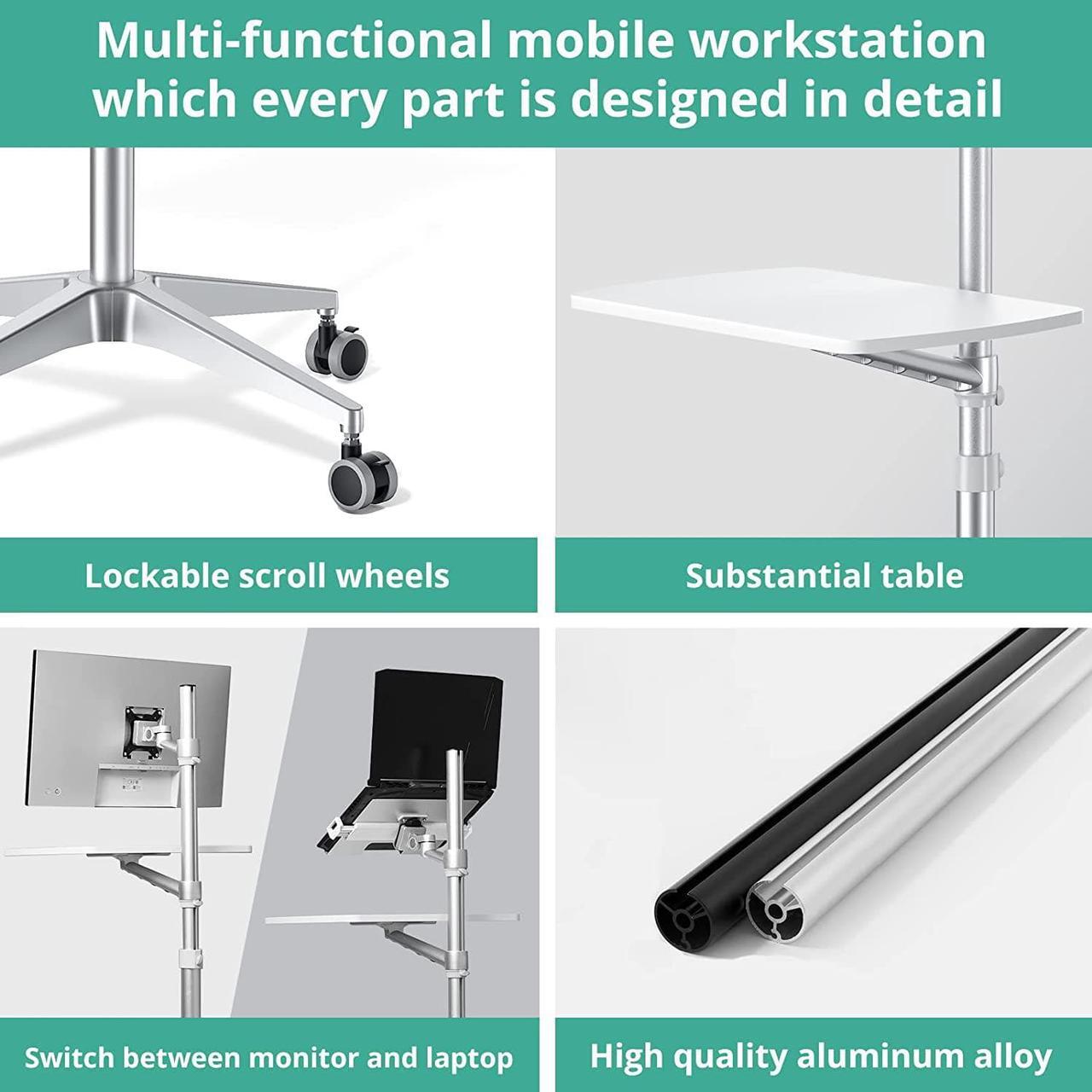 Alt view image 6 of 7 - Mobile Desk,Mobile Workstation,Mulitiuse Rolling Laptop Floor Stand,34"-48.6" Height Adjustable,Compatible with 17"-27"Monitor&12"-17"Laptop,21"×14" Desk Board,Maxload 17.6lbs,4 Lockable Wheels