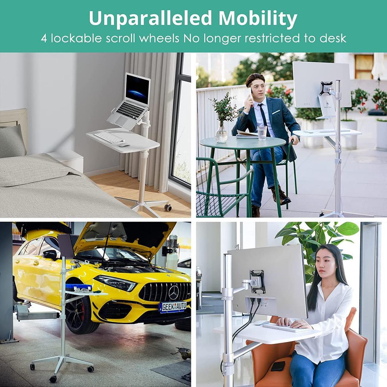 Alt view image 2 of 7 - Mobile Desk,Mobile Workstation,Mulitiuse Rolling Laptop Floor Stand,34"-48.6" Height Adjustable,Compatible with 17"-27"Monitor&12"-17"Laptop,21"×14" Desk Board,Maxload 17.6lbs,4 Lockable Wheels