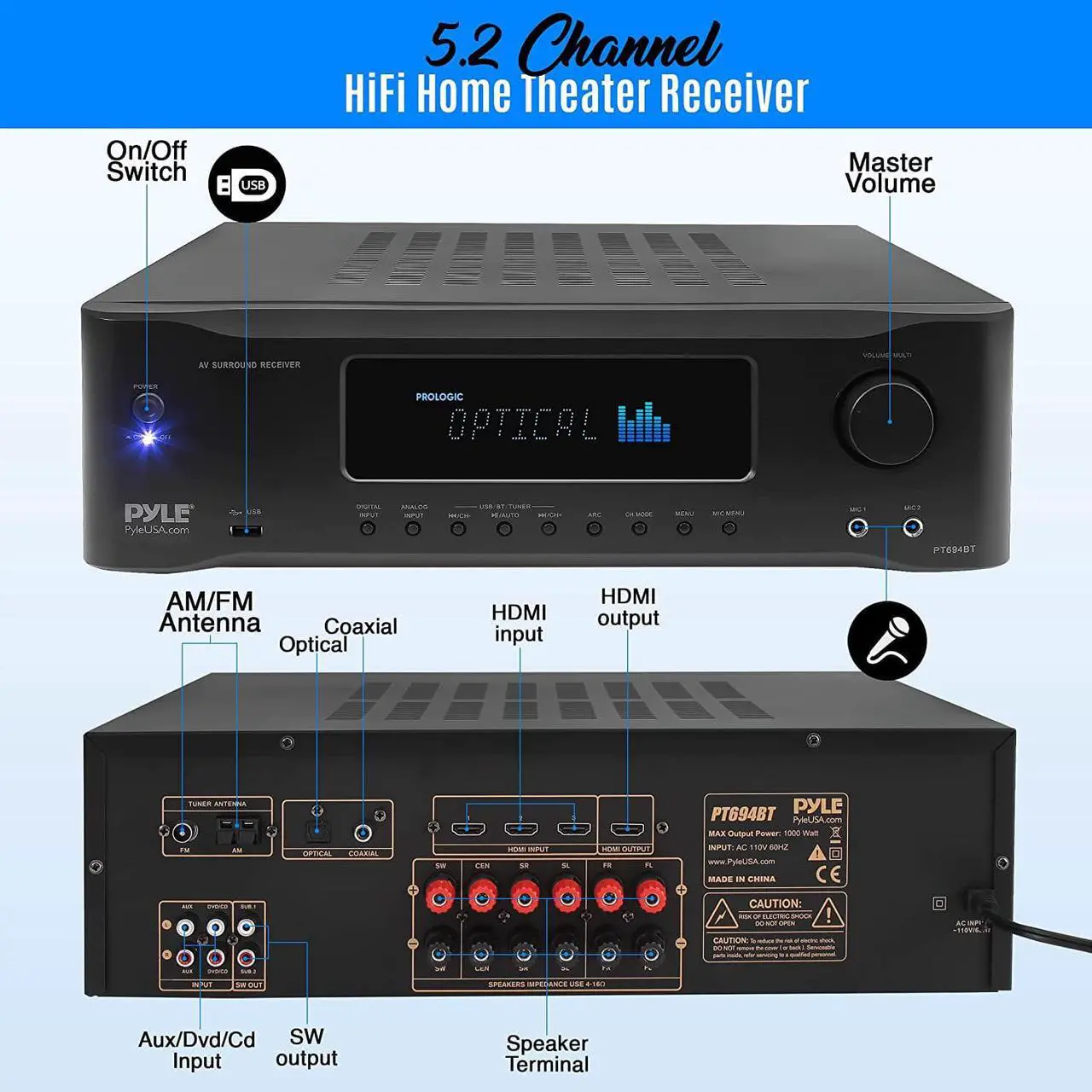 Alt view image 2 of 7 - Pyle 5.2-Channel Hi-Fi Bluetooth Stereo Amplifier - 1000 Watt AV Home Speaker Subwoofer Sound Receiver w/Radio, USB, RCA, HDMI, MIC in, Wireless Streaming, Supports 4K UHD TV, 3D, Blu-Ray