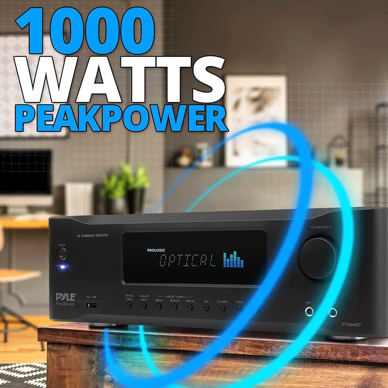 Alt view image 3 of 7 - Pyle 5.2-Channel Hi-Fi Bluetooth Stereo Amplifier - 1000 Watt AV Home Speaker Subwoofer Sound Receiver w/Radio, USB, RCA, HDMI, MIC in, Wireless Streaming, Supports 4K UHD TV, 3D, Blu-Ray