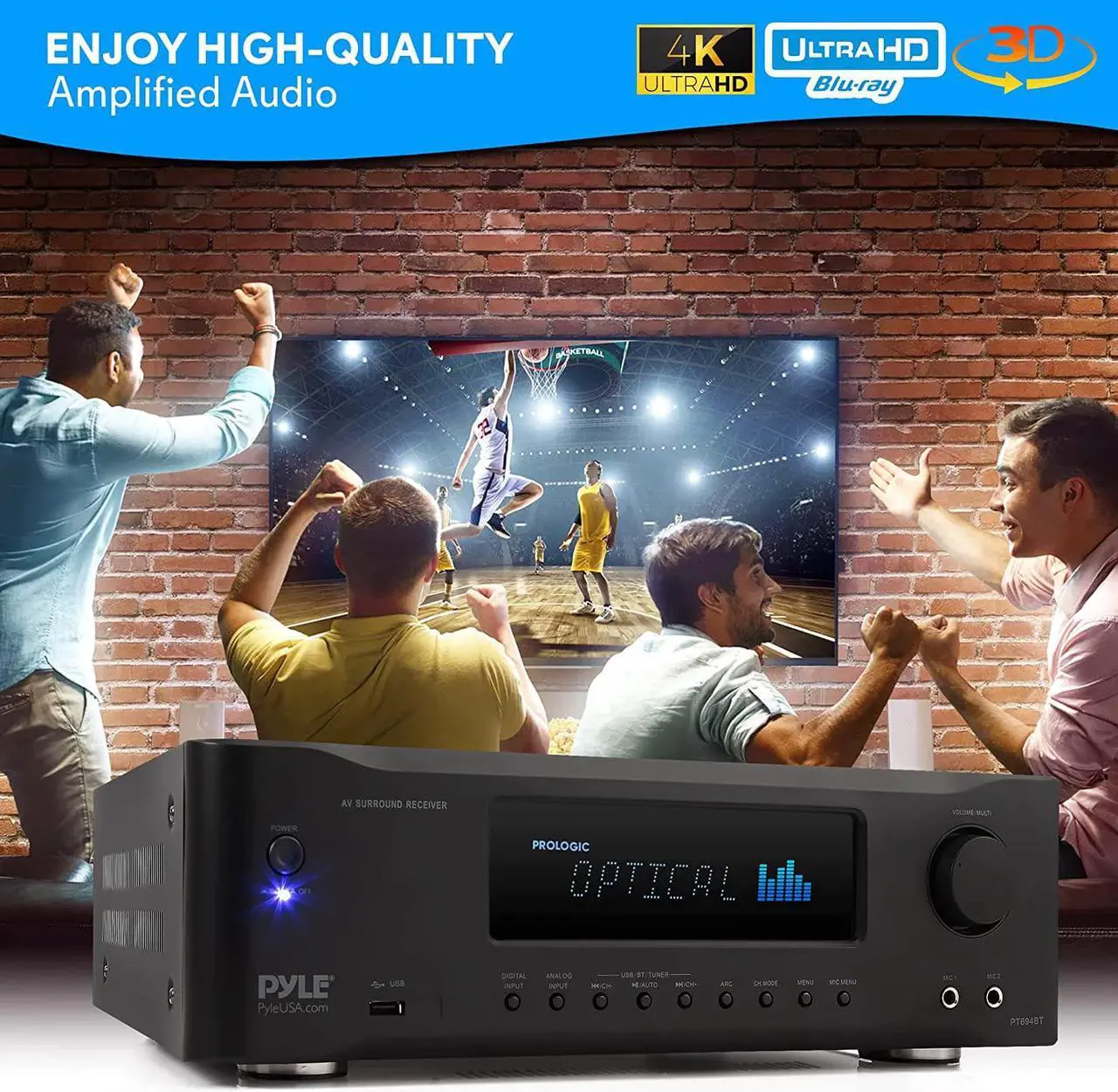 Alt view image 4 of 7 - Pyle 5.2-Channel Hi-Fi Bluetooth Stereo Amplifier - 1000 Watt AV Home Speaker Subwoofer Sound Receiver w/Radio, USB, RCA, HDMI, MIC in, Wireless Streaming, Supports 4K UHD TV, 3D, Blu-Ray