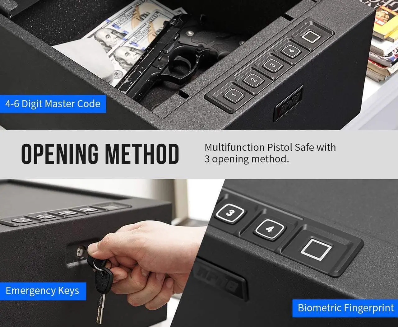 Alt view image 4 of 7 - Gun Safe,4-Pistol Multifunction Gun Safe,California DOJ Certified,Quick-Access Firearm Safety Device with Digital Key Pad & Biometric Fingerprint