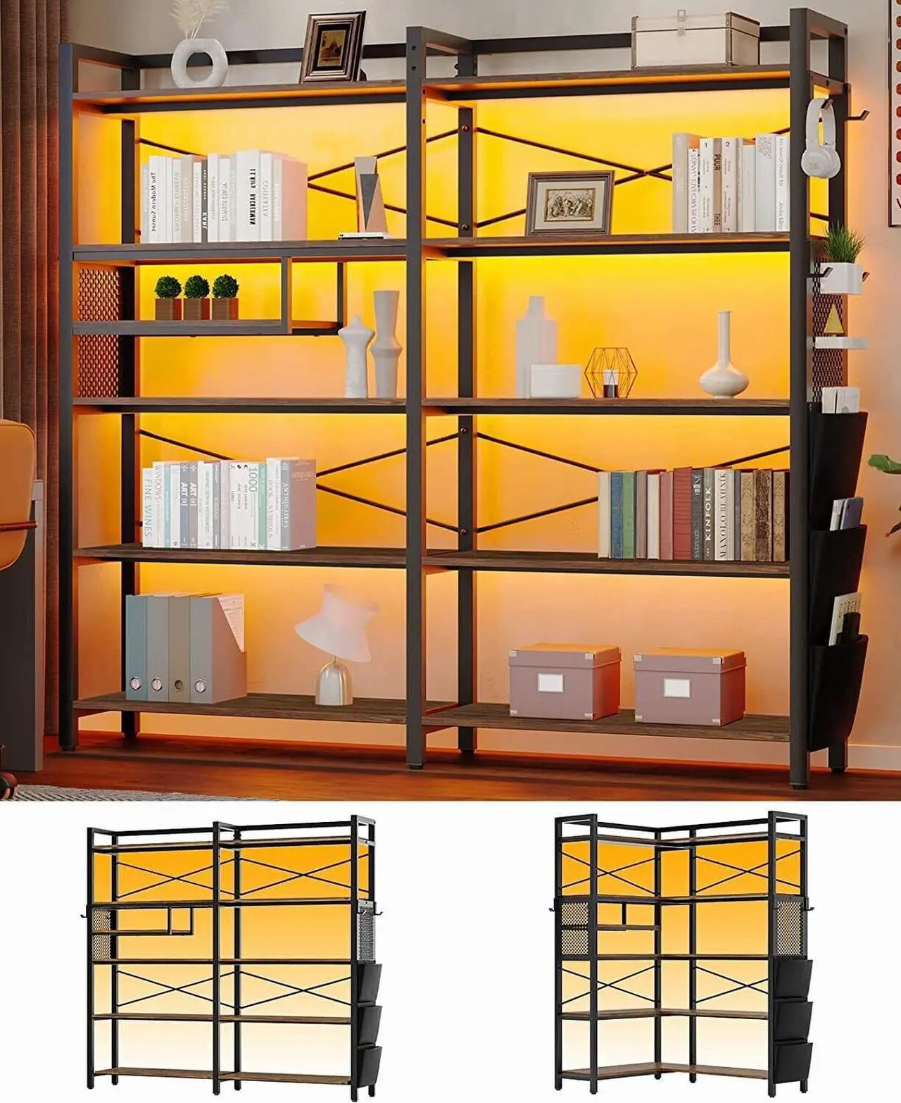 Alt view image 6 of 6 - Corner Bookshelf, Convertible 5-Tier Bookshelves with Storage or 63" W Bookcase, Tall Bookshelf with Pegboard, Storage Bag & LED Light for Bedroom, Black