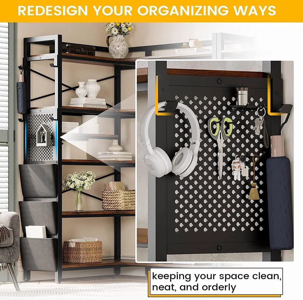 Alt view image 5 of 6 - Corner Bookshelf, Convertible 5-Tier Bookshelves with Storage or 63" W Bookcase, Tall Bookshelf with Pegboard, Storage Bag & LED Light for Bedroom, Black