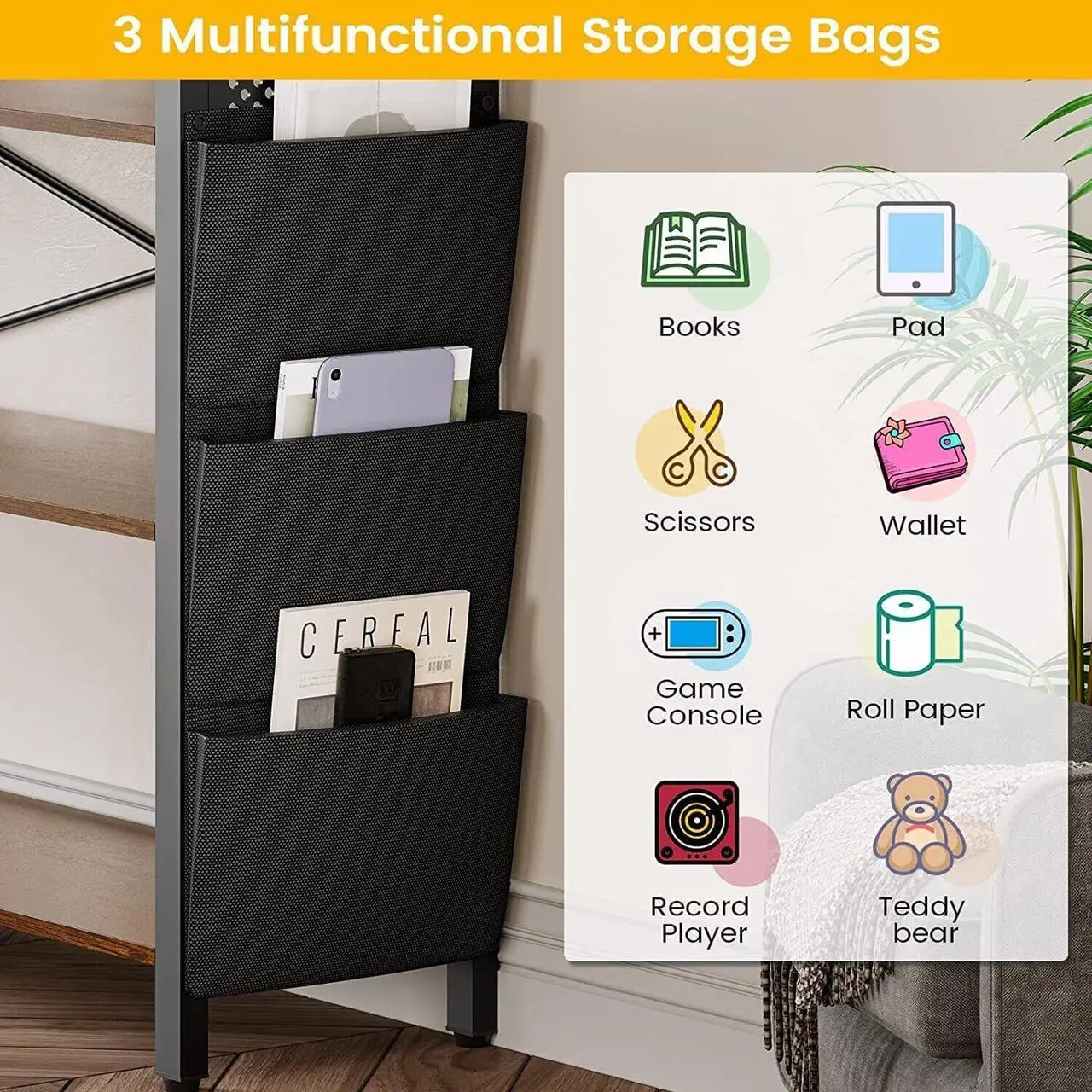 Alt view image 4 of 6 - Corner Bookshelf, Convertible 5-Tier Bookshelves with Storage or 63" W Bookcase, Tall Bookshelf with Pegboard, Storage Bag & LED Light for Bedroom, Black
