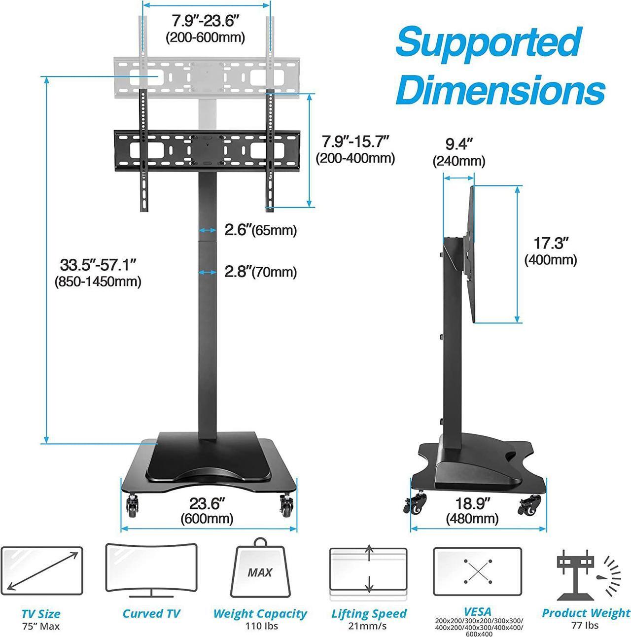 Alt view image 5 of 7 - Motorized & Mobile 2-in-1 TV Lift Cart for 37-75 inch Flat/Curved Screens Automated Lift with Remote Height Adjustable up to 57" Floor Rolling Stand with Locking Wheels for Home Office