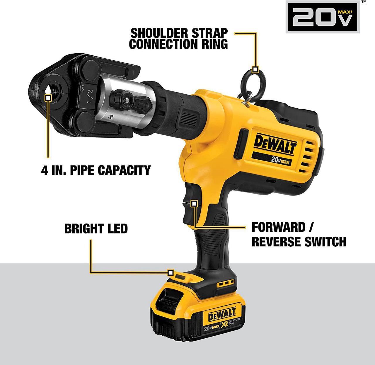 Alt view image 3 of 7 - DEWALT 20V Pro Press Tool For Copper Pipe and Stainless Steel Pipes, Plumbing, ½-1 ¼, Includes Crimping Head, 2 Batteries and Charger Included