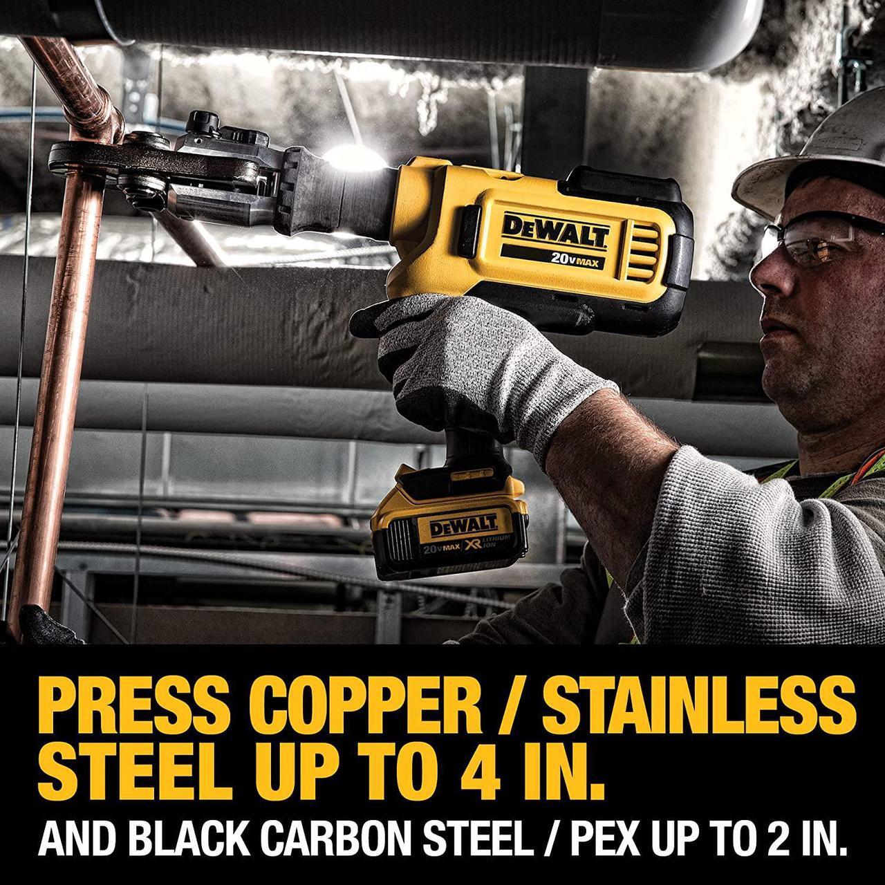 Alt view image 4 of 7 - DEWALT 20V Pro Press Tool For Copper Pipe and Stainless Steel Pipes, Plumbing, ½-1 ¼, Includes Crimping Head, 2 Batteries and Charger Included