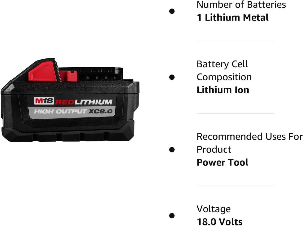 Alt view image 4 of 4 - Milwaukee 48-11-1880 M18 REDLITHIUM HIGH OUTPUT 18v 8.0 Ah Lithium-Ion Battery Pack