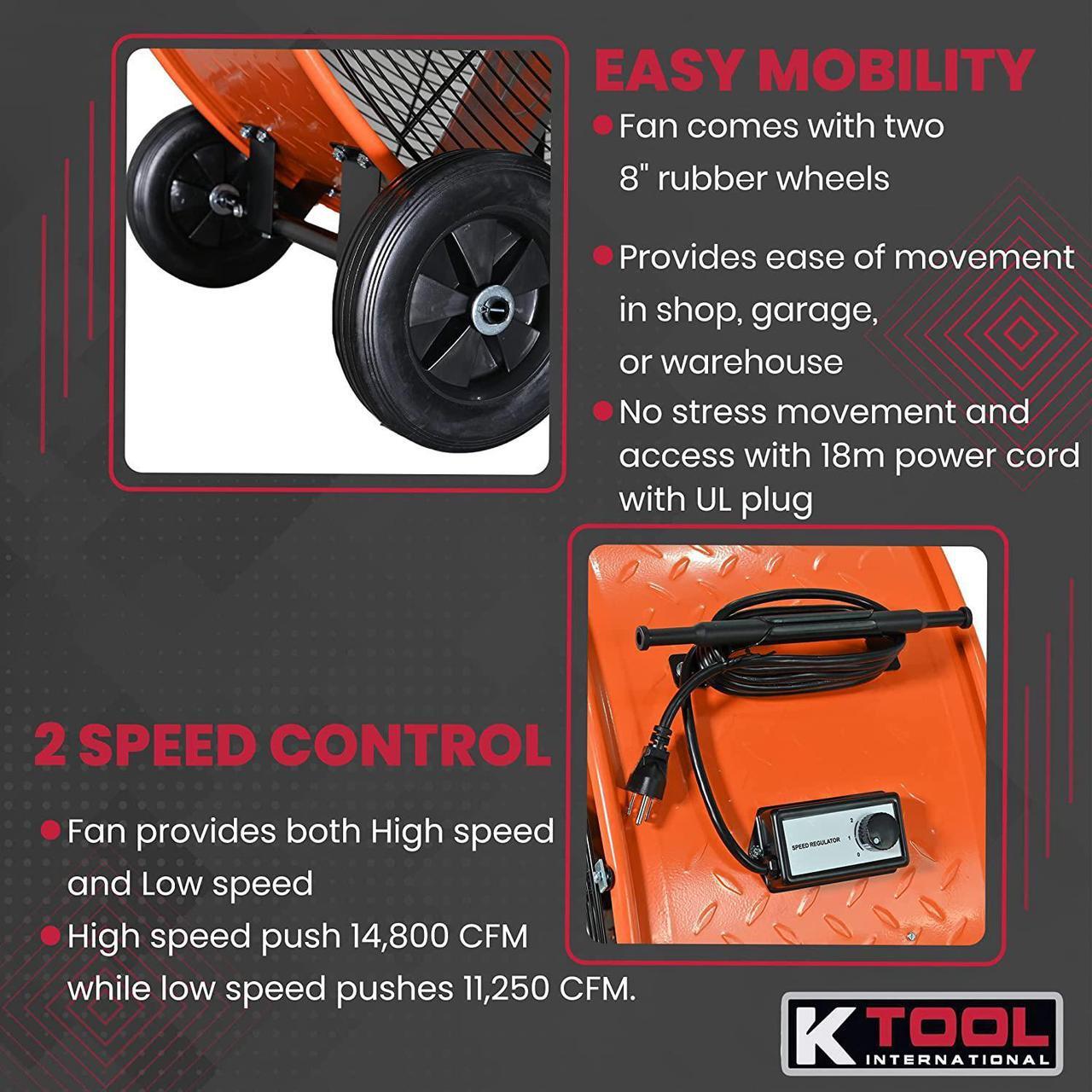 Alt view image 5 of 7 - K Tool International 77744; 42 Inch Belt Drive Drum Fan for Warehouse, Garage, Shop and 2-Speed Control Motor, Auto Overheat Cut-Off Protection and Easy Mobility Rubber Wheels, 13,871 Max CFM, Orange