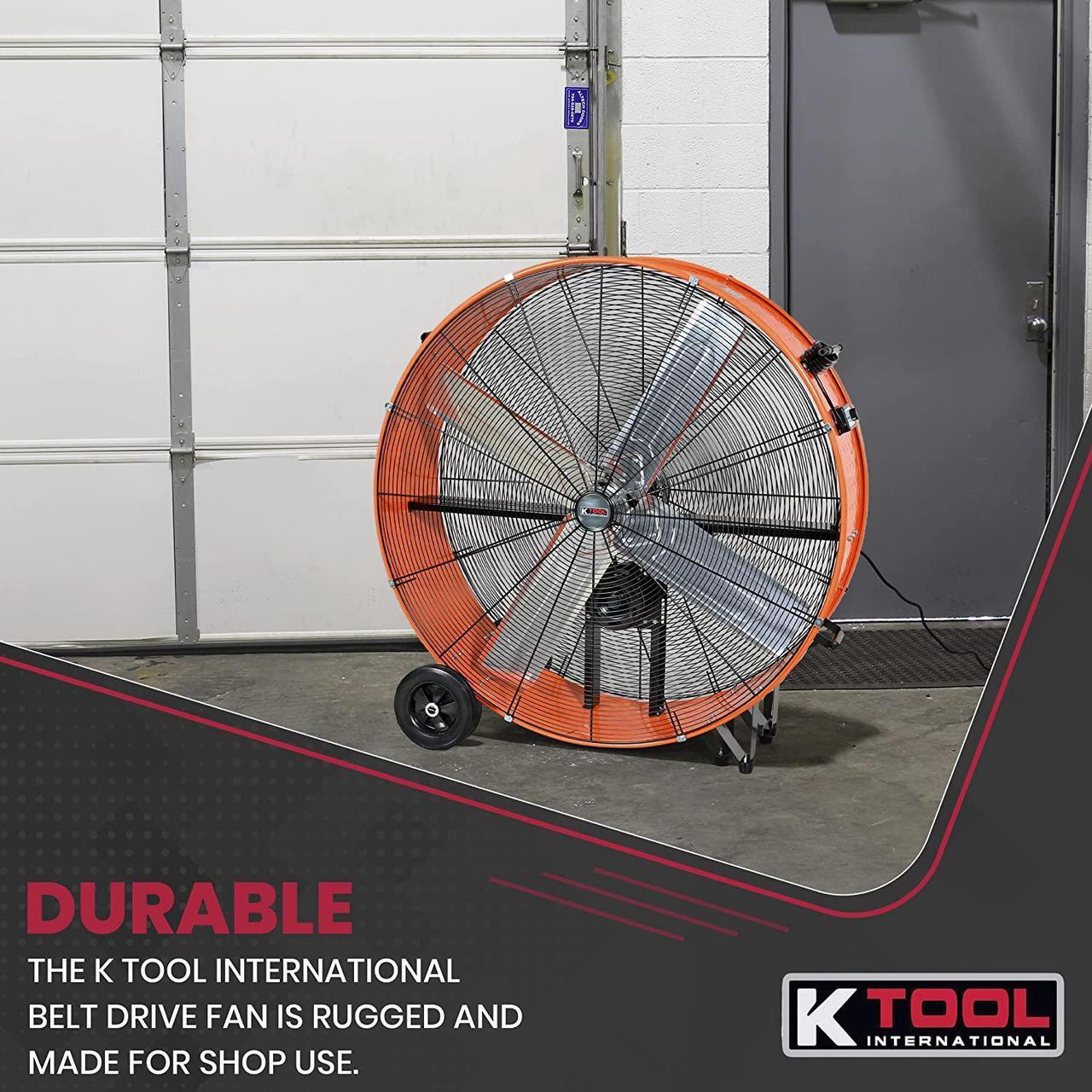 Alt view image 6 of 7 - K Tool International 77744; 42 Inch Belt Drive Drum Fan for Warehouse, Garage, Shop and 2-Speed Control Motor, Auto Overheat Cut-Off Protection and Easy Mobility Rubber Wheels, 13,871 Max CFM, Orange