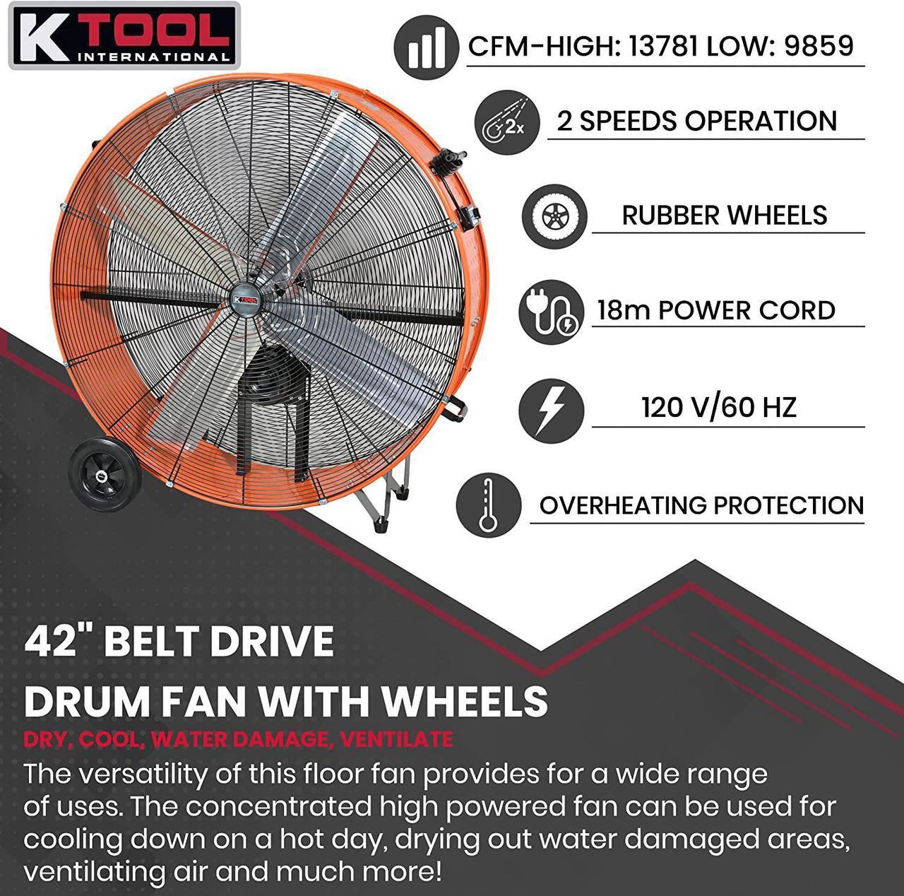 Alt view image 3 of 7 - K Tool International 77744; 42 Inch Belt Drive Drum Fan for Warehouse, Garage, Shop and 2-Speed Control Motor, Auto Overheat Cut-Off Protection and Easy Mobility Rubber Wheels, 13,871 Max CFM, Orange