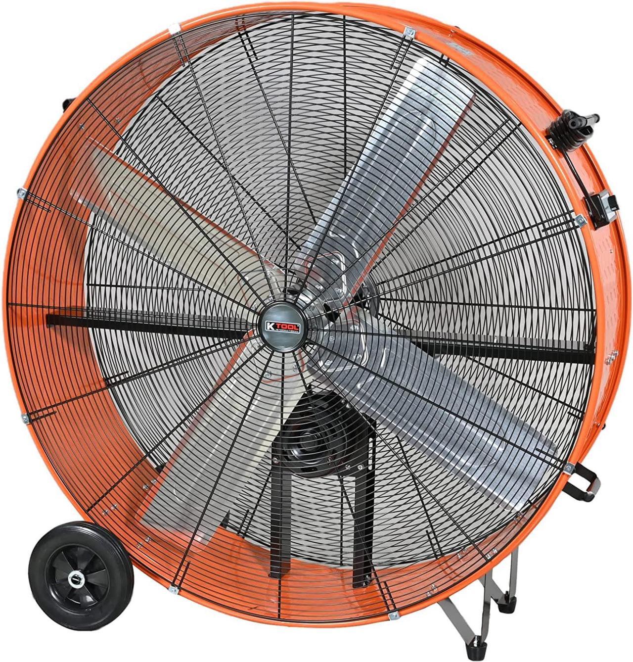 Main image of K Tool International 77744; 42 Inch Belt Drive Drum Fan for Warehouse, Garage, Shop and 2-Speed Control Motor, Auto Overheat Cut-Off Protection and Easy Mobility Rubber Wheels, 13,871 Max CFM, Orange
