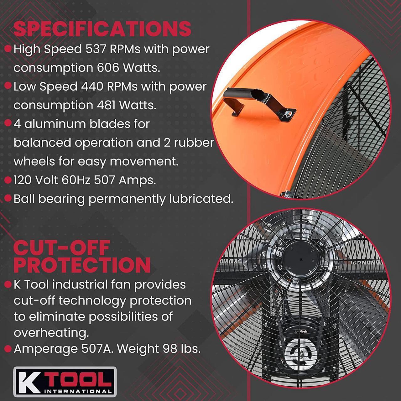 Alt view image 4 of 7 - K Tool International 77744; 42 Inch Belt Drive Drum Fan for Warehouse, Garage, Shop and 2-Speed Control Motor, Auto Overheat Cut-Off Protection and Easy Mobility Rubber Wheels, 13,871 Max CFM, Orange