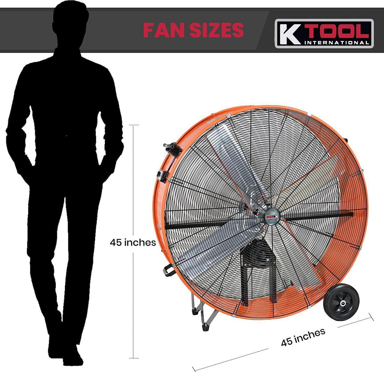 Alt view image 7 of 7 - K Tool International 77744; 42 Inch Belt Drive Drum Fan for Warehouse, Garage, Shop and 2-Speed Control Motor, Auto Overheat Cut-Off Protection and Easy Mobility Rubber Wheels, 13,871 Max CFM, Orange