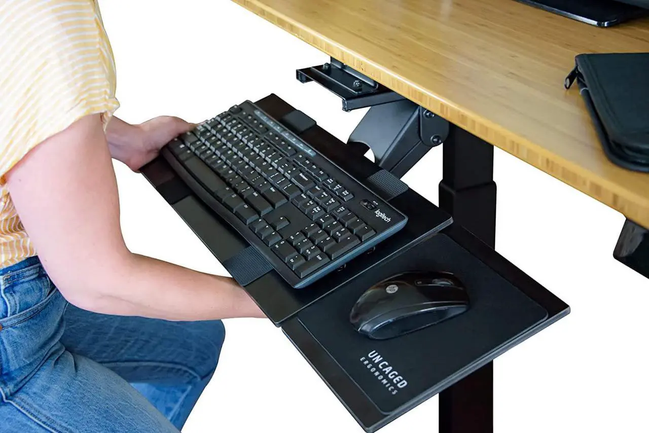 Alt view image 3 of 5 - Ergonomic Under-Desk Computer Keyboard Tray adjustable height angle negative tilt sliding pull out platform swivels 360 slides office products furniture desktop accessories with mouse pad black