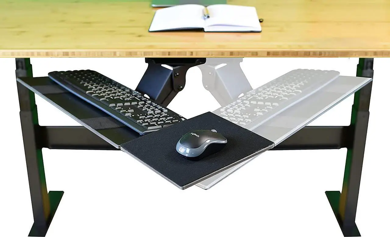 Alt view image 5 of 5 - Ergonomic Under-Desk Computer Keyboard Tray adjustable height angle negative tilt sliding pull out platform swivels 360 slides office products furniture desktop accessories with mouse pad black