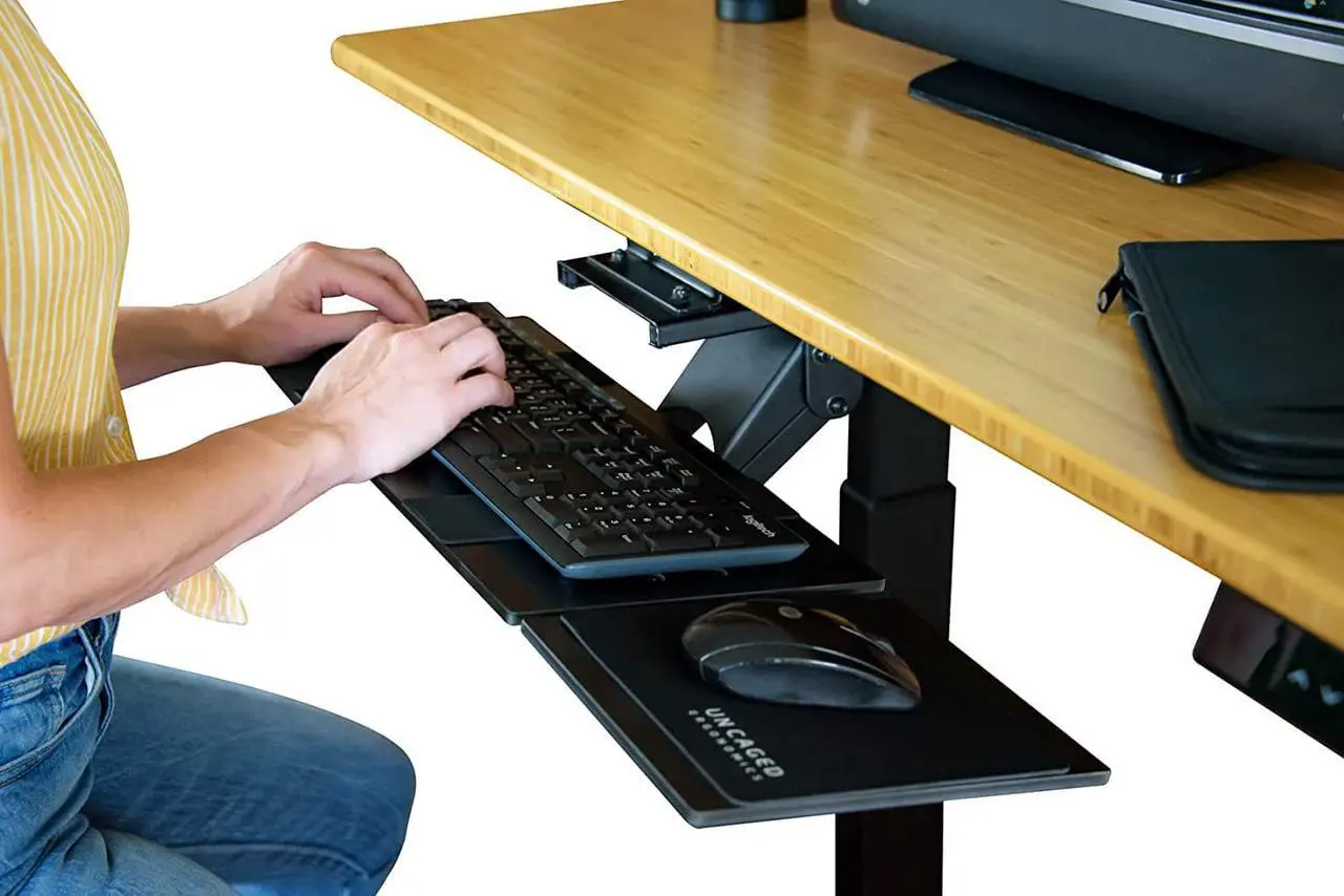 Alt view image 2 of 5 - Ergonomic Under-Desk Computer Keyboard Tray adjustable height angle negative tilt sliding pull out platform swivels 360 slides office products furniture desktop accessories with mouse pad black