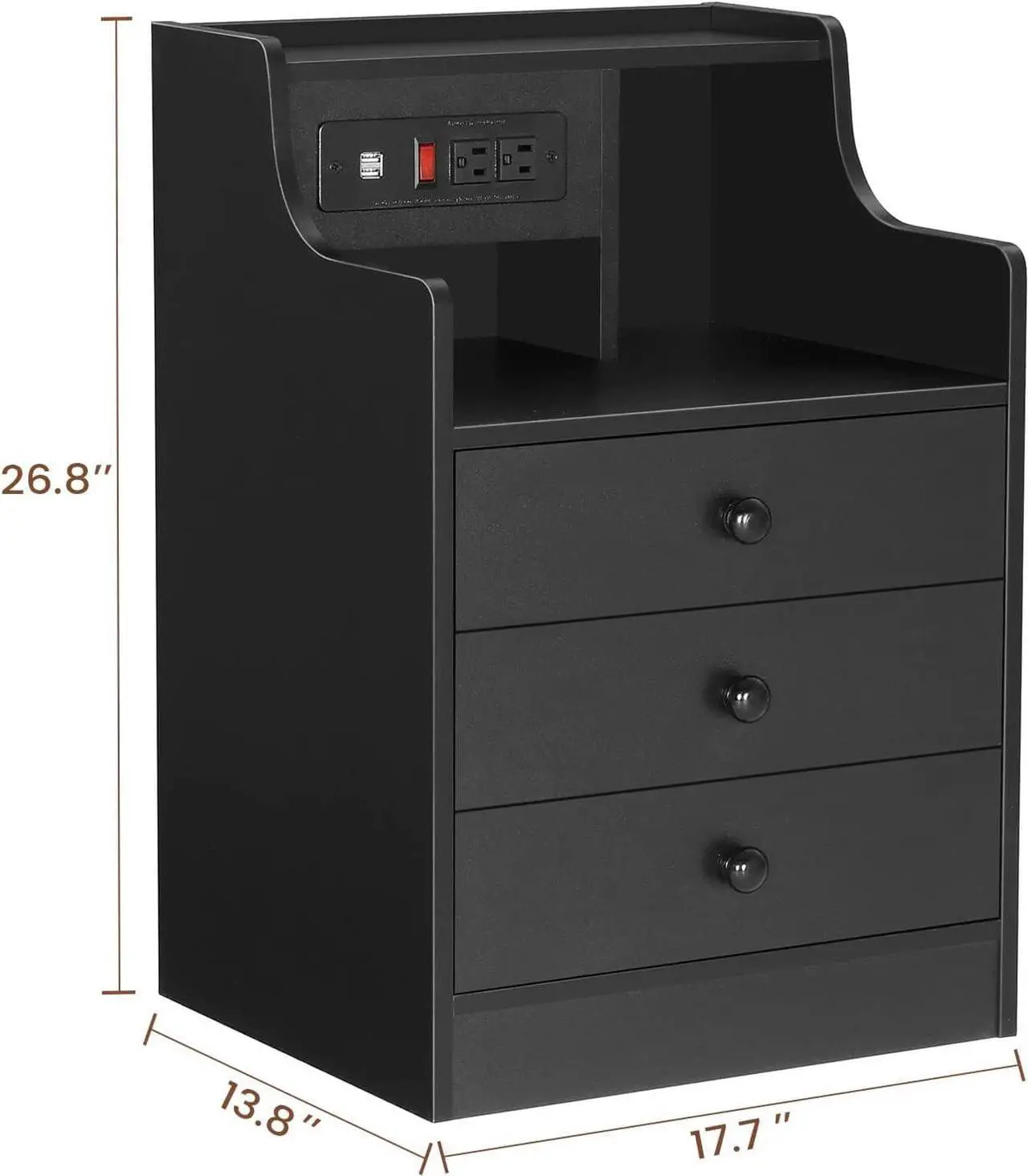 Alt view image 3 of 7 - Nightstand with Charging Station,Black Night Stand for Bedroom,End Table with Hutch & Storage Drawers