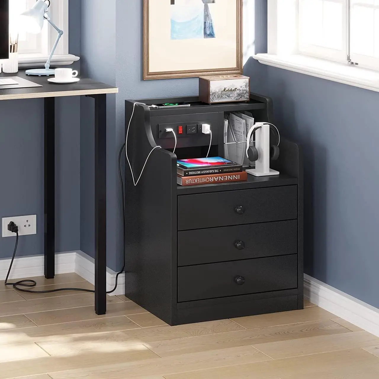 Alt view image 6 of 7 - Nightstand with Charging Station,Black Night Stand for Bedroom,End Table with Hutch & Storage Drawers