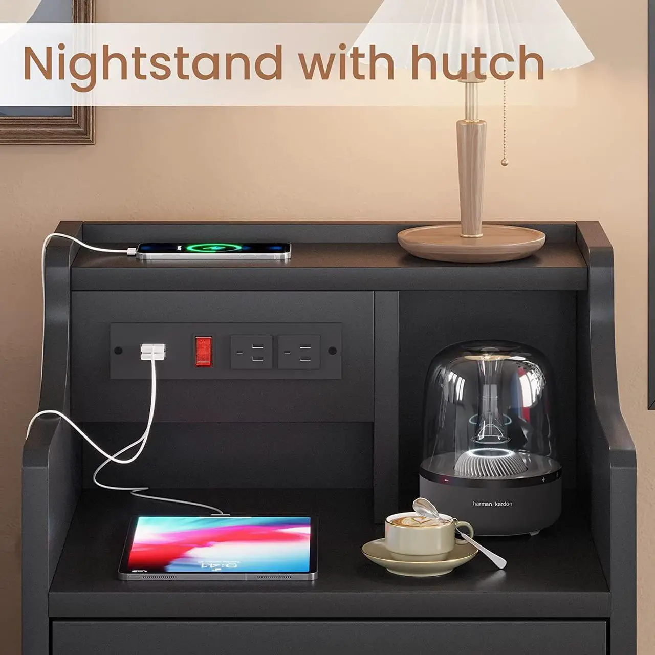 Alt view image 4 of 7 - Nightstand with Charging Station,Black Night Stand for Bedroom,End Table with Hutch & Storage Drawers