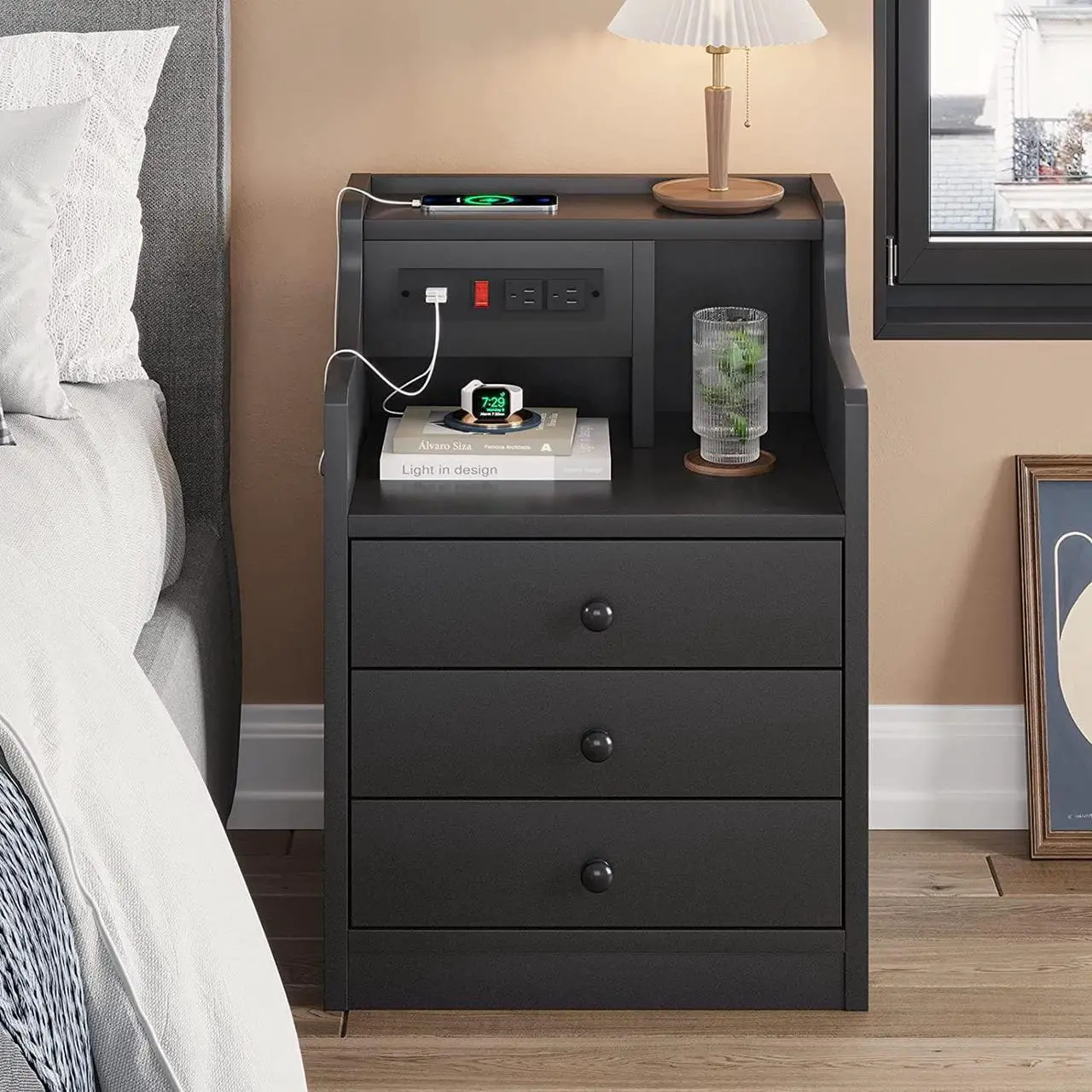 Alt view image 2 of 7 - Nightstand with Charging Station,Black Night Stand for Bedroom,End Table with Hutch & Storage Drawers