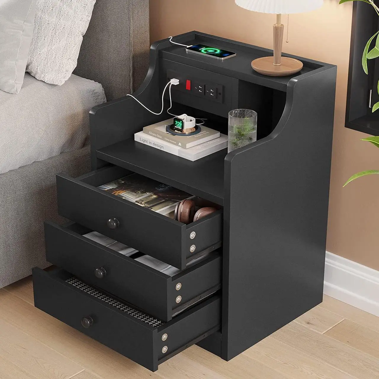 Alt view image 5 of 7 - Nightstand with Charging Station,Black Night Stand for Bedroom,End Table with Hutch & Storage Drawers
