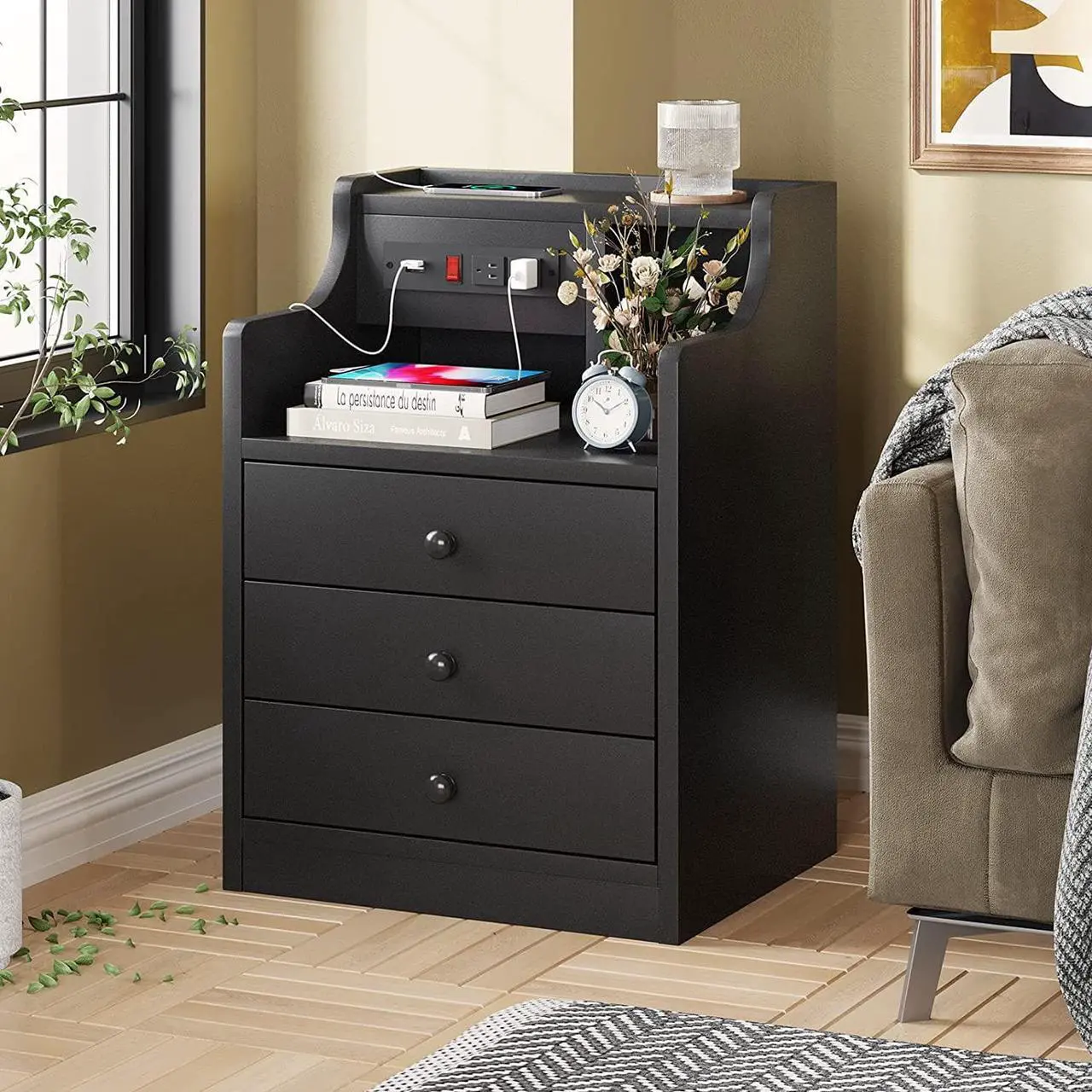 Alt view image 7 of 7 - Nightstand with Charging Station,Black Night Stand for Bedroom,End Table with Hutch & Storage Drawers