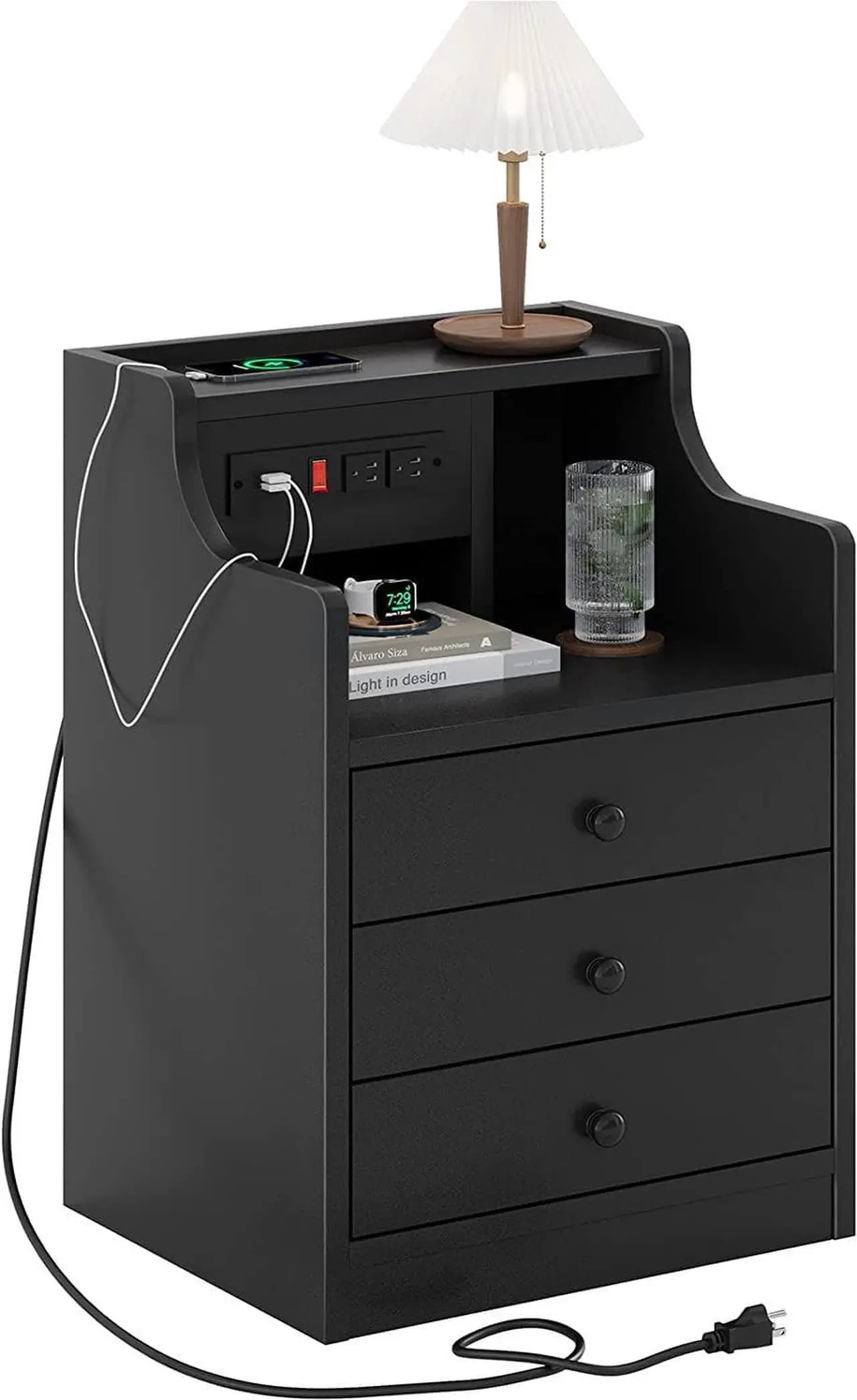 Main image of Nightstand with Charging Station,Black Night Stand for Bedroom,End Table with Hutch & Storage Drawers