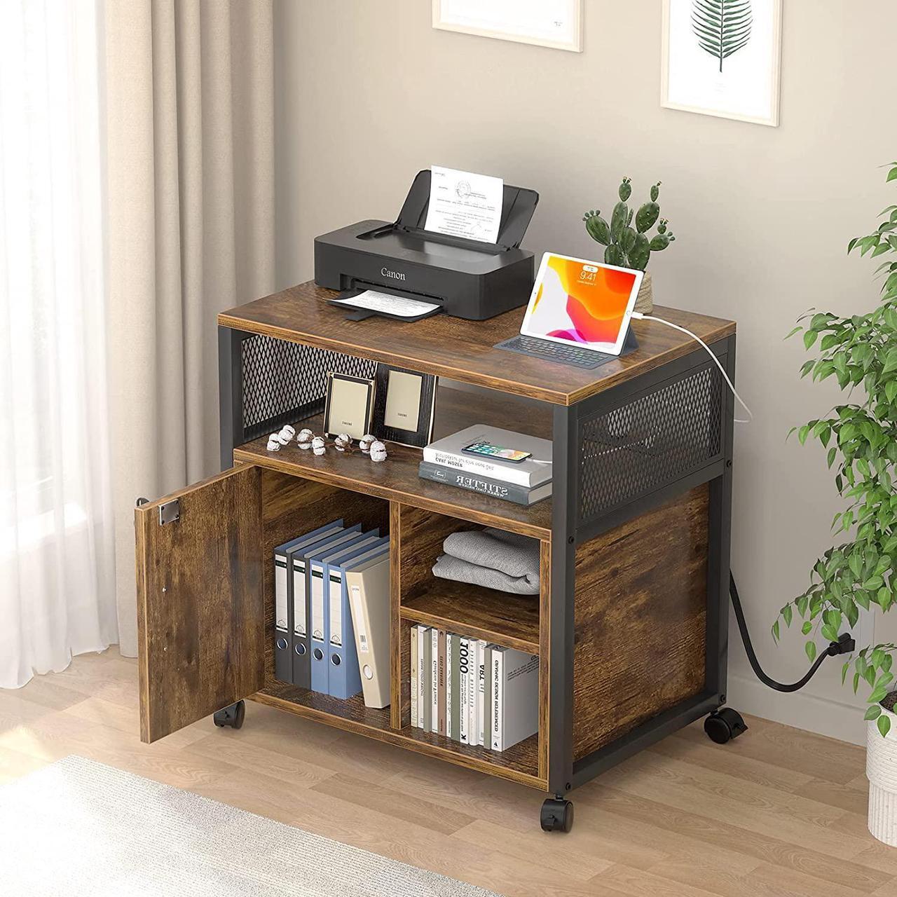 Alt view image 5 of 6 - Lateral File Cabinet, Locking Office Filing Cabinets with Socket and USB Charging Port, Modern Rolling Printer Stand with Storage for A4, Letter Size and File Folders, Rustic Brown