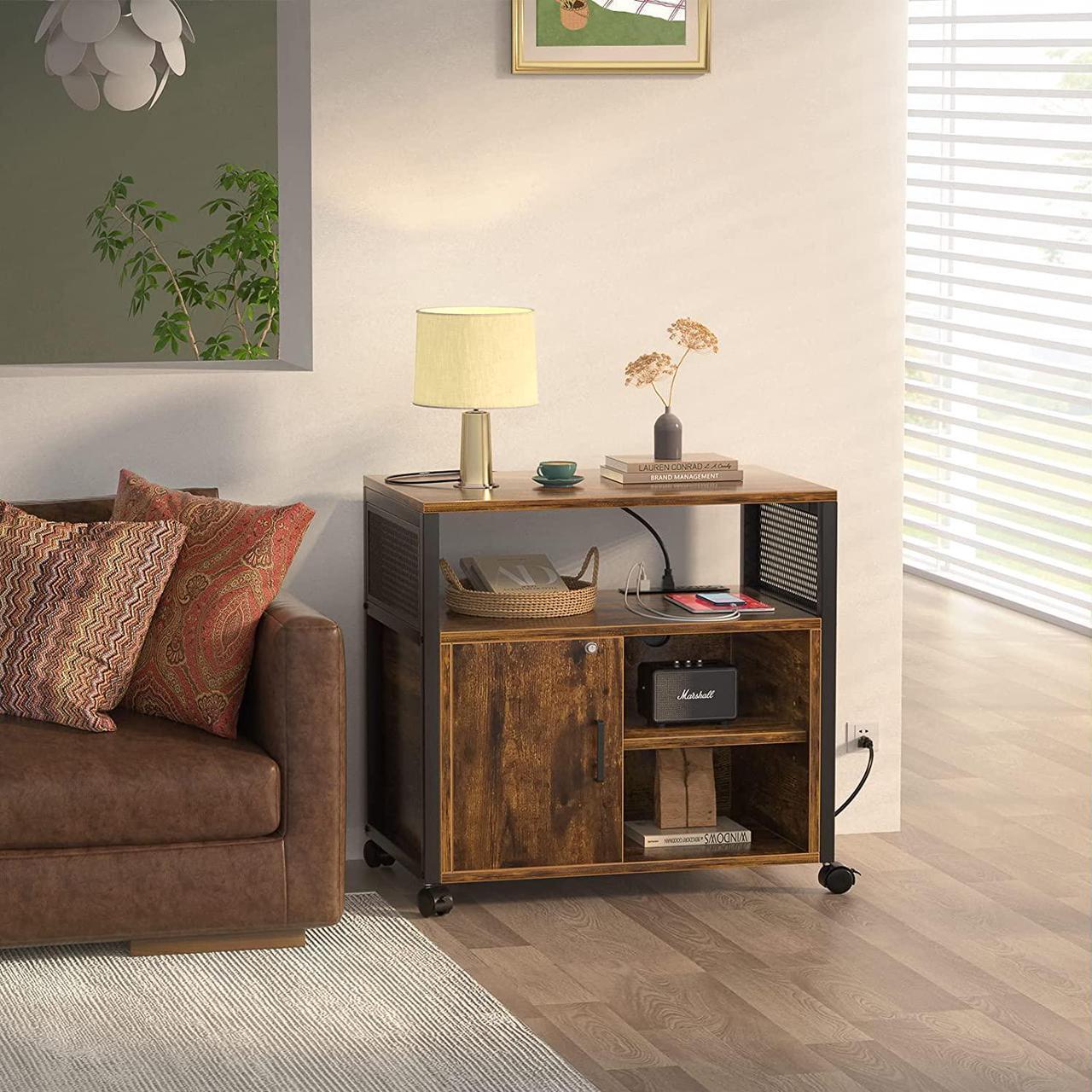 Alt view image 6 of 6 - Lateral File Cabinet, Locking Office Filing Cabinets with Socket and USB Charging Port, Modern Rolling Printer Stand with Storage for A4, Letter Size and File Folders, Rustic Brown