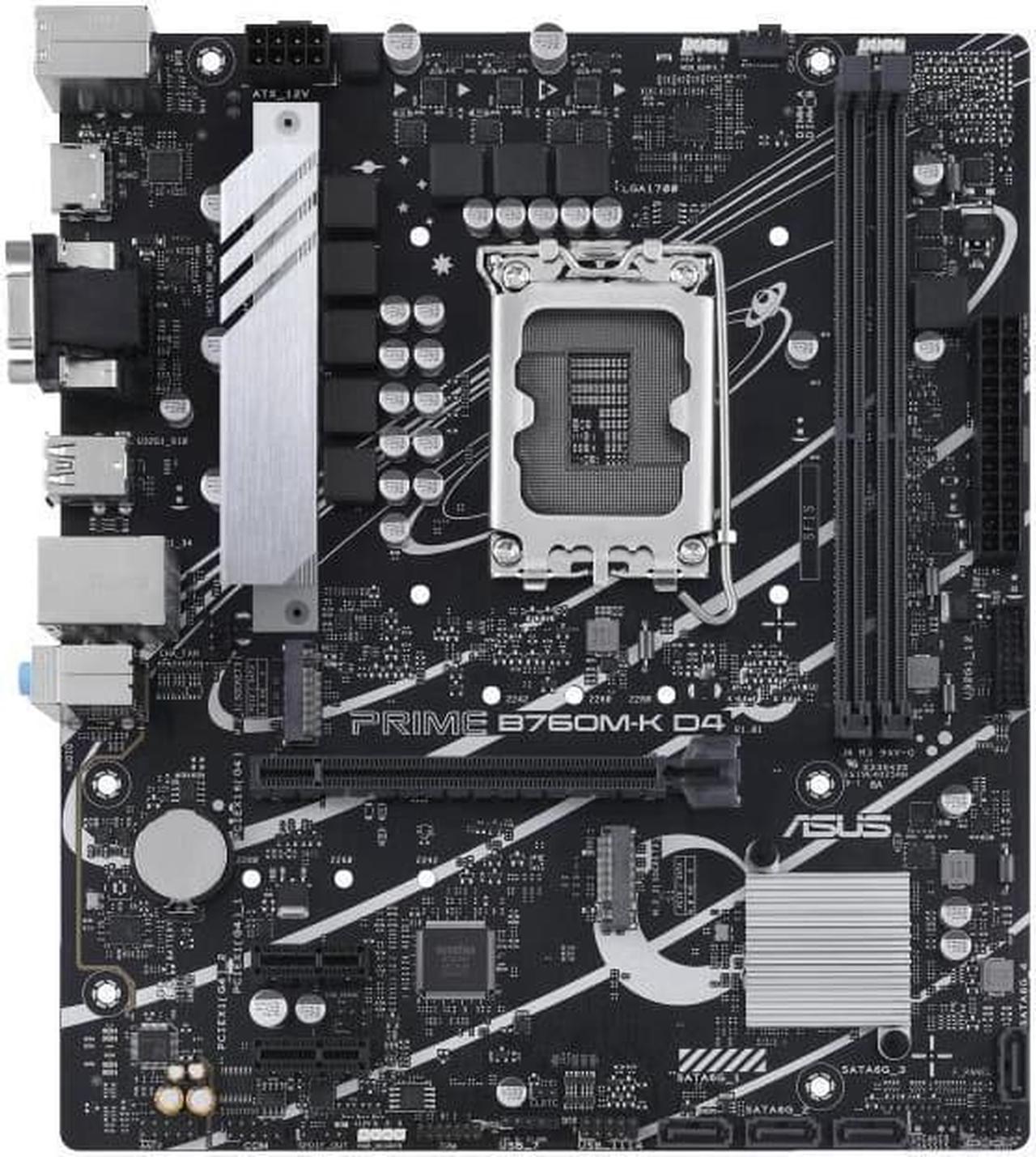 ASUS Prime B760M-K D4, LGA 1700 mATX motherboard with PCIe 4.0, two PCIe 4.0 M.2 slots, DDR4, Realtek 2.5Gb Ethernet, VGA, HDMI®, SATA 6 Gbps, front USB 3.2 Gen 1, Aura Sync