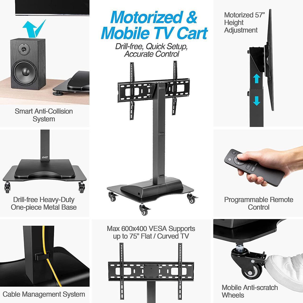 Alt view image 3 of 7 - Motorized & Mobile 2-in-1 TV Lift Cart for 37-75 inch Flat/Curved Screens Automated Lift with Remote Height Adjustable up to 57" Floor Rolling Stand with Locking Wheels for Home Office