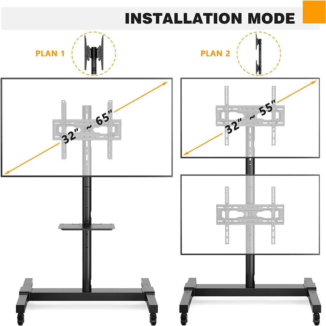 Alt view image 2 of 7 - Rolling/Mobile TV Cart with Wheels for 32 to 55 Inch LCD LED 4K Flat Curved Screen Vertical TVs-Height Adjustable Screen Tilt Rolling TV Stand for 2 TVs with Laptop Shelf Holds Up to 132 lbs