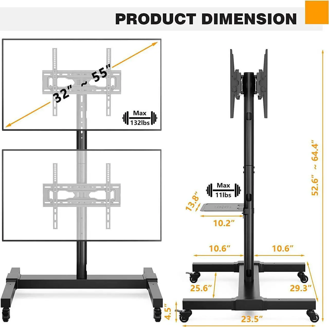 Alt view image 4 of 7 - Rolling/Mobile TV Cart with Wheels for 32 to 55 Inch LCD LED 4K Flat Curved Screen Vertical TVs-Height Adjustable Screen Tilt Rolling TV Stand for 2 TVs with Laptop Shelf Holds Up to 132 lbs