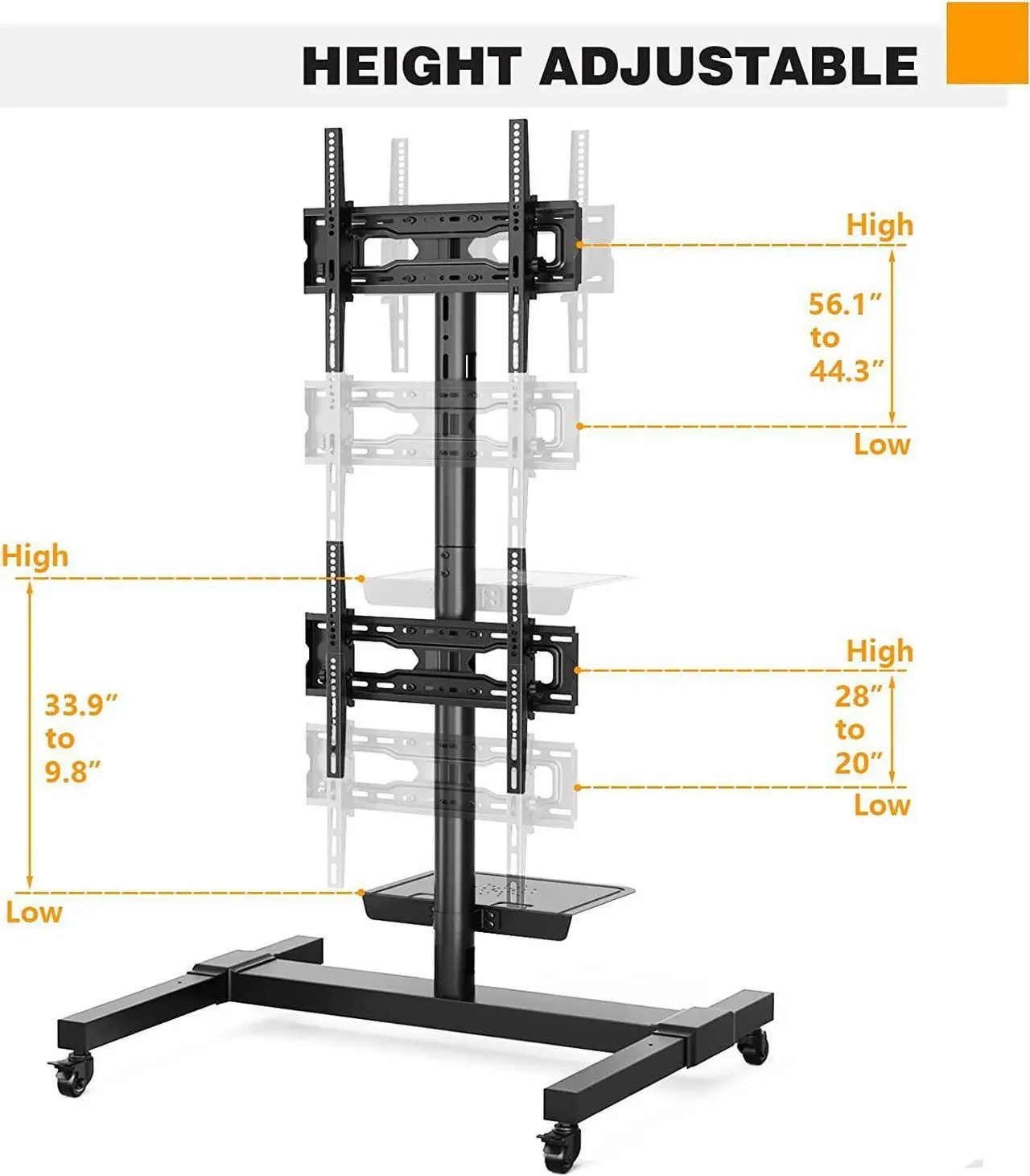 Alt view image 6 of 7 - Rolling/Mobile TV Cart with Wheels for 32 to 55 Inch LCD LED 4K Flat Curved Screen Vertical TVs-Height Adjustable Screen Tilt Rolling TV Stand for 2 TVs with Laptop Shelf Holds Up to 132 lbs