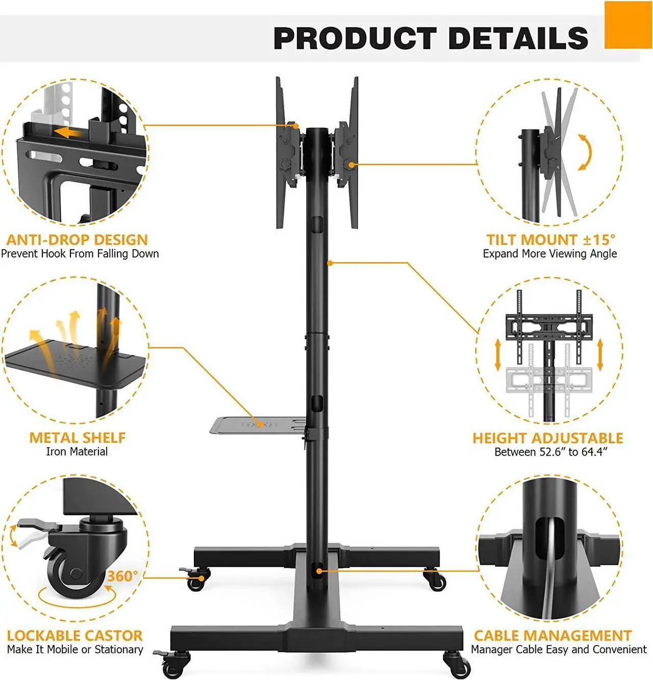 Alt view image 5 of 7 - Rolling/Mobile TV Cart with Wheels for 32 to 55 Inch LCD LED 4K Flat Curved Screen Vertical TVs-Height Adjustable Screen Tilt Rolling TV Stand for 2 TVs with Laptop Shelf Holds Up to 132 lbs