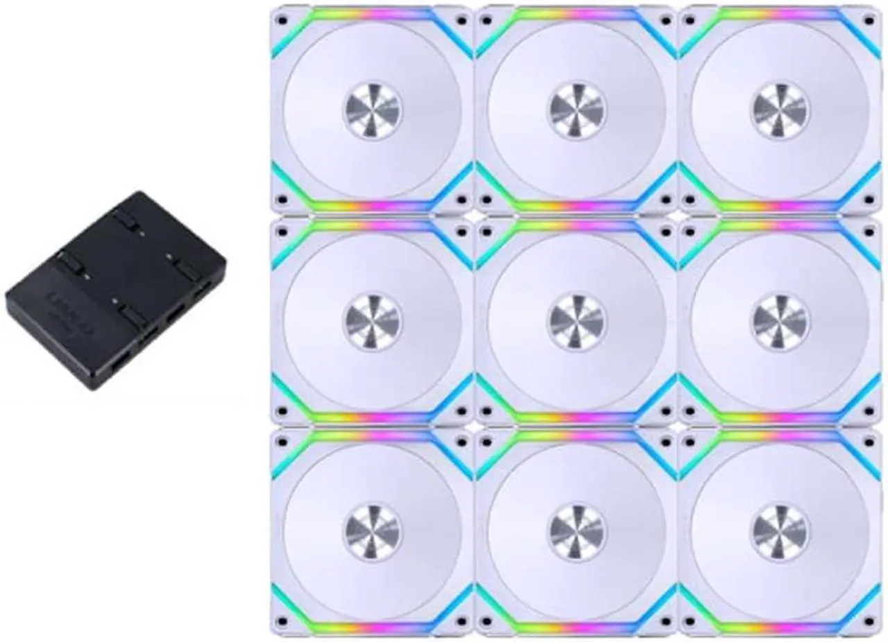 Main image of 9Pack - UNI FAN SL120 V2 RGB Revolutionized Daisy-Chain ARGB Fan 120mm w/controller - White