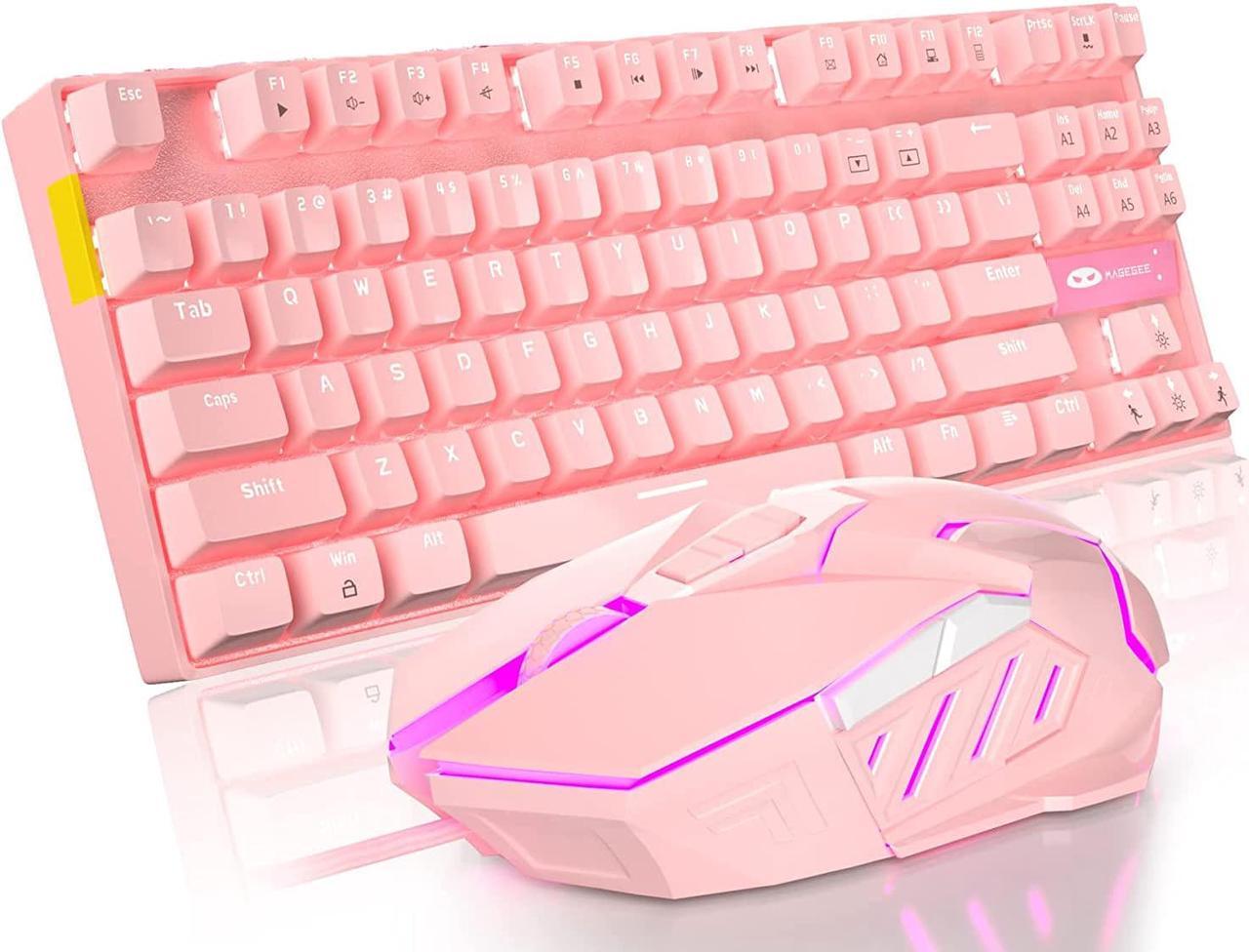 Mechanical Gaming Keyboard and Mouse Combo & Large Mouse Pad,Mechanical Keyboard 87 Keys Small Compact LED Backlit - Wired USB Gaming Keyboard with Blue Switches, for Windows Pink White Light