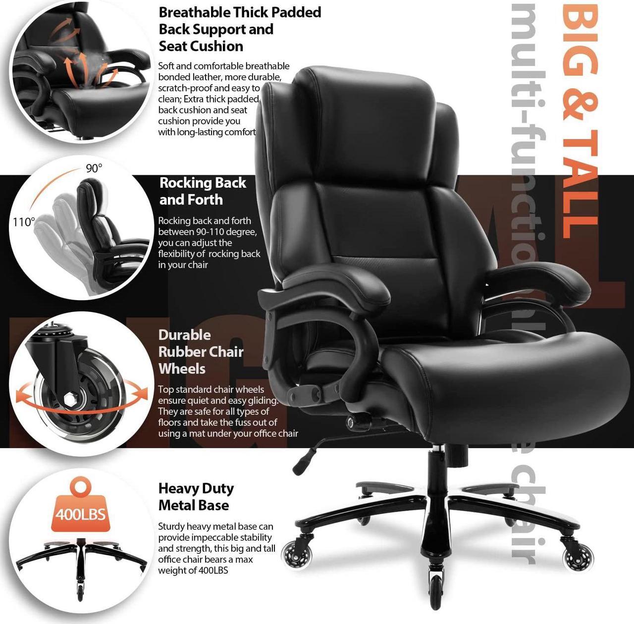 Alt view image 2 of 7 - Big and Tall 400lbs Office Chair - Adjustable Lumbar Support Heavy Duty Metal Base Quiet Rubber Wheels High Back Large Executive Computer Desk Swivel Chair, Ergonomic Design for Back Pain, Black
