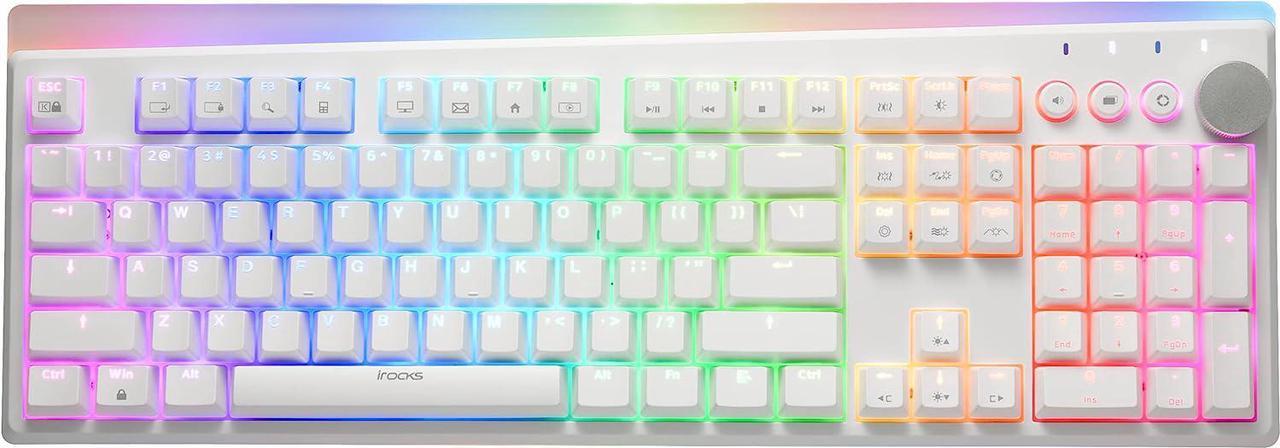 iRocks K71 Wireless RGB Mechanical Keyboard with Media Control Knob, Gateron Brown Switches, 107 Keys w/Full NKRO, PBT Keycaps, Multimedia Hotkeys, Detachable USB-C Cable, White