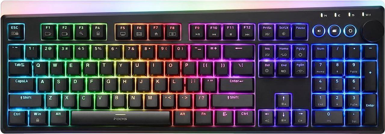 iRocks K71 Wireless RGB Mechanical Keyboard with Media Control Knob, Gateron Brown Switches, 107 Keys w/Full NKRO, PBT Keycaps, Multimedia Hotkeys, Detachable USB-C Cable, Black