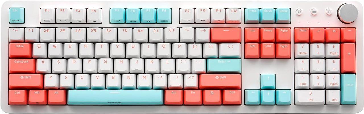 i-rocks K73M Mechanical Gaming Keyboard with Media Control Knob, 107 Keys, PBT Keycaps, Multimedia Hotkeys, Detachable USB-C Cable (Cherry MX Red Switches, Mint Peach)