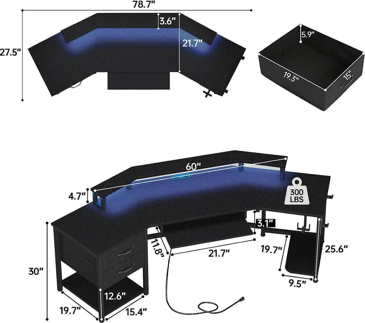Alt view image 2 of 7 - 79" Gaming Desk, Computer Desk with 2 Fabric Drawers & LED Light, L Shaped Gaming Desk with Storage Shelf for Home Office, Carbon Fiber w/Free Mouse Pad - Black