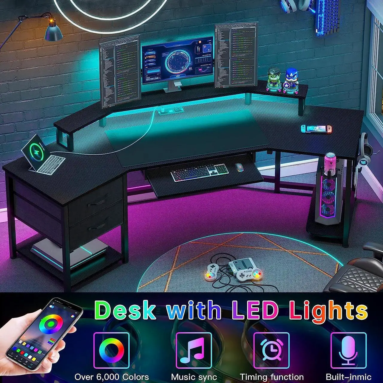 Alt view image 6 of 7 - 79" Gaming Desk, Computer Desk with 2 Fabric Drawers & LED Light, L Shaped Gaming Desk with Storage Shelf for Home Office, Carbon Fiber w/Free Mouse Pad - Black