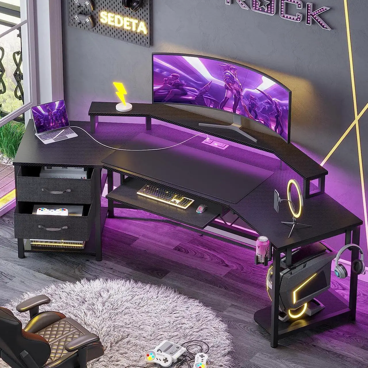Main image of 79" Gaming Desk, Computer Desk with 2 Fabric Drawers & LED Light, L Shaped Gaming Desk with Storage Shelf for Home Office, Carbon Fiber w/Free Mouse Pad - Black